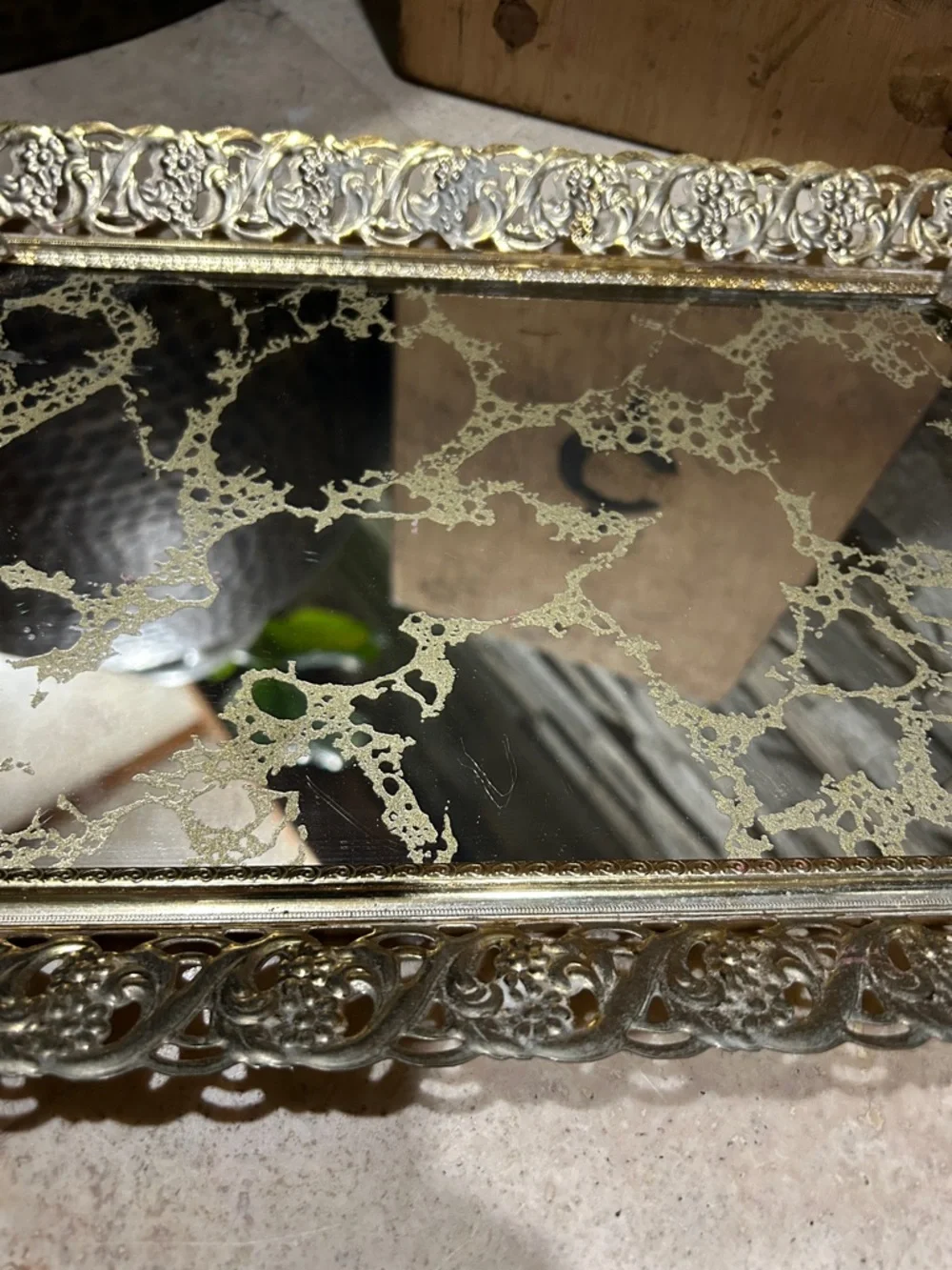 Ornate Vintage Hollywood Regency Gold Filigree Mirrored Vanity Tray